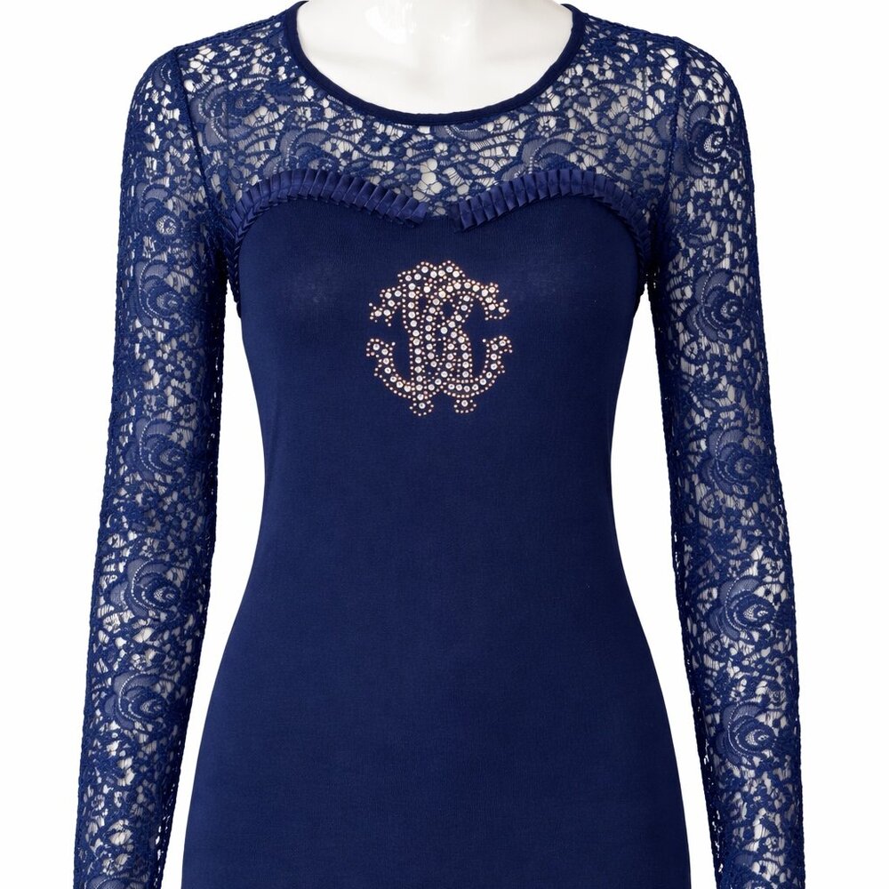 Roberto Cavalli Blue Lace Top Crystal Logo Italian Designer Stretch Shirt
